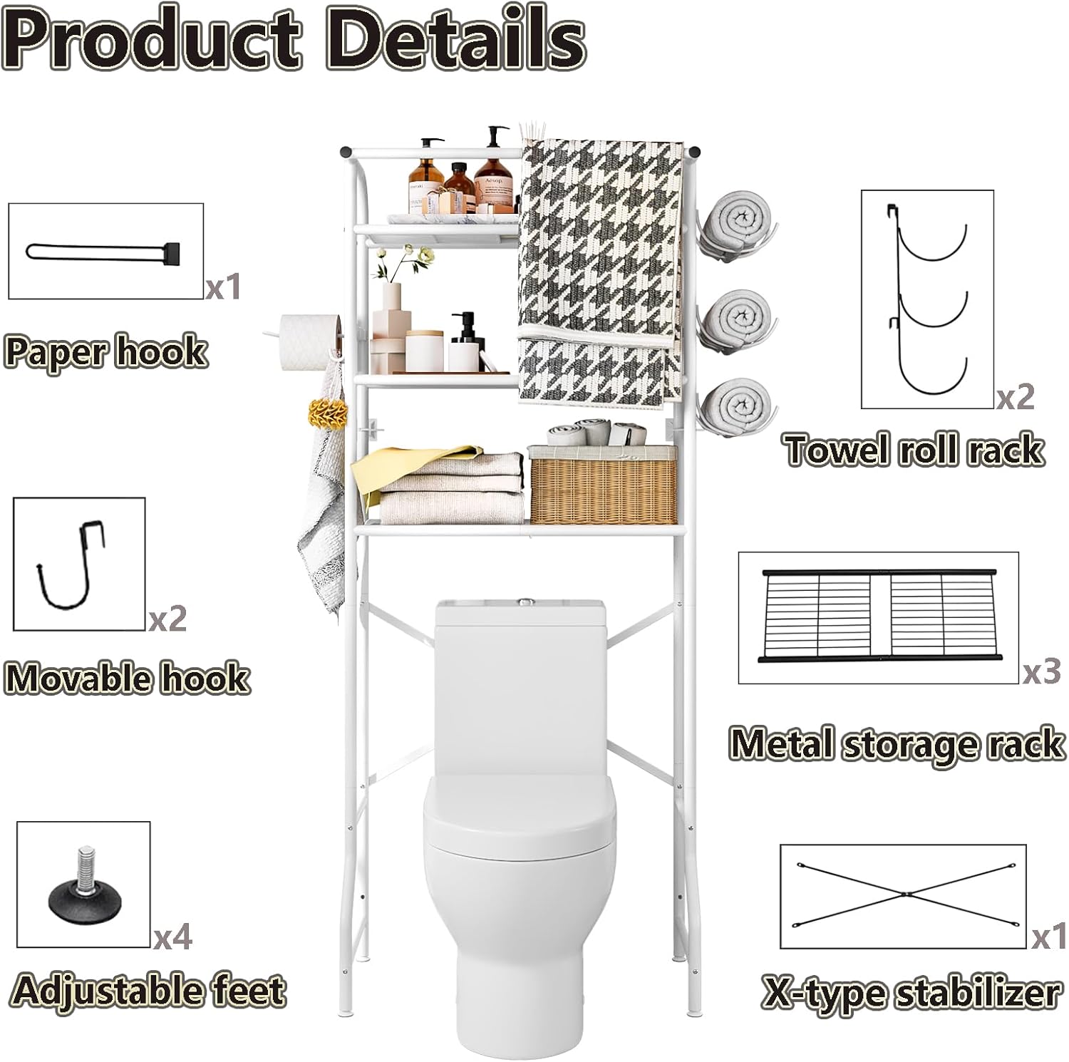 3 Tier Over The Toilet Storage Cabinet with Toilet Paper Holder Stand, Mass-Storage Over Toilet Bathroom Organizer, Space-Saving Rack Shelves Metal Deals For You Days