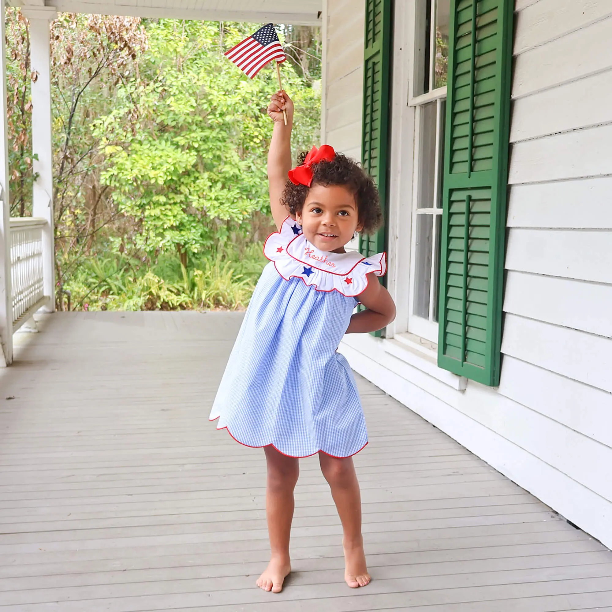 Gleaming Stars Blue Gingham Lacey Dress - Patriotic Flag Outfit for Girls