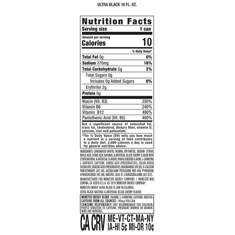 Monster Energy Ultra Black, Sugar Free Energy Drink, 16 Ounce (Pack of 15)
