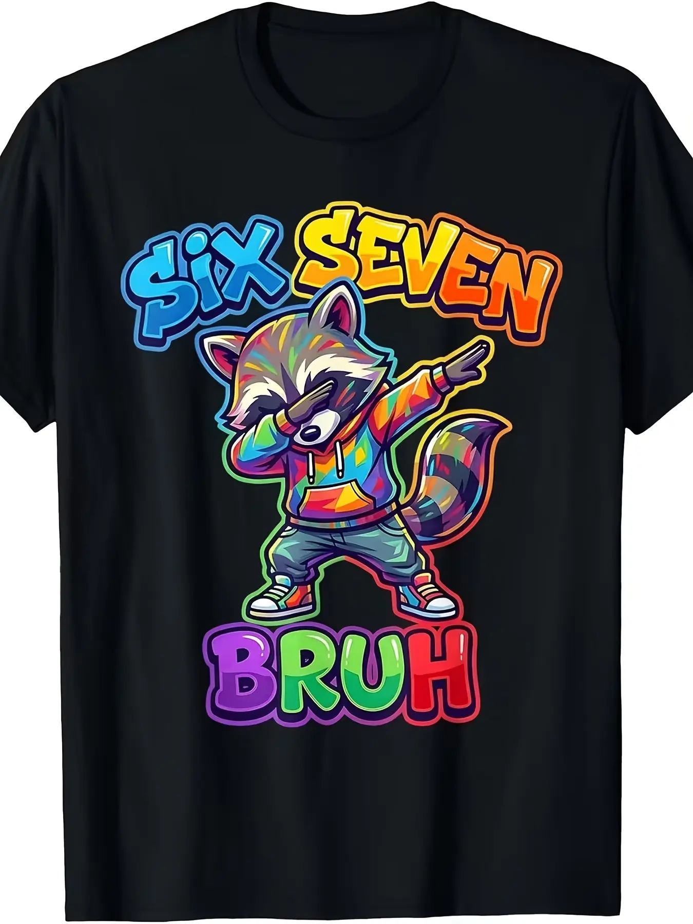 Kids/Youth "Six Seven Bruh" Dabbing Raccoon T-Shirt, Colorful Graffiti-Style Graphic Tee Funny Frog Tshirt