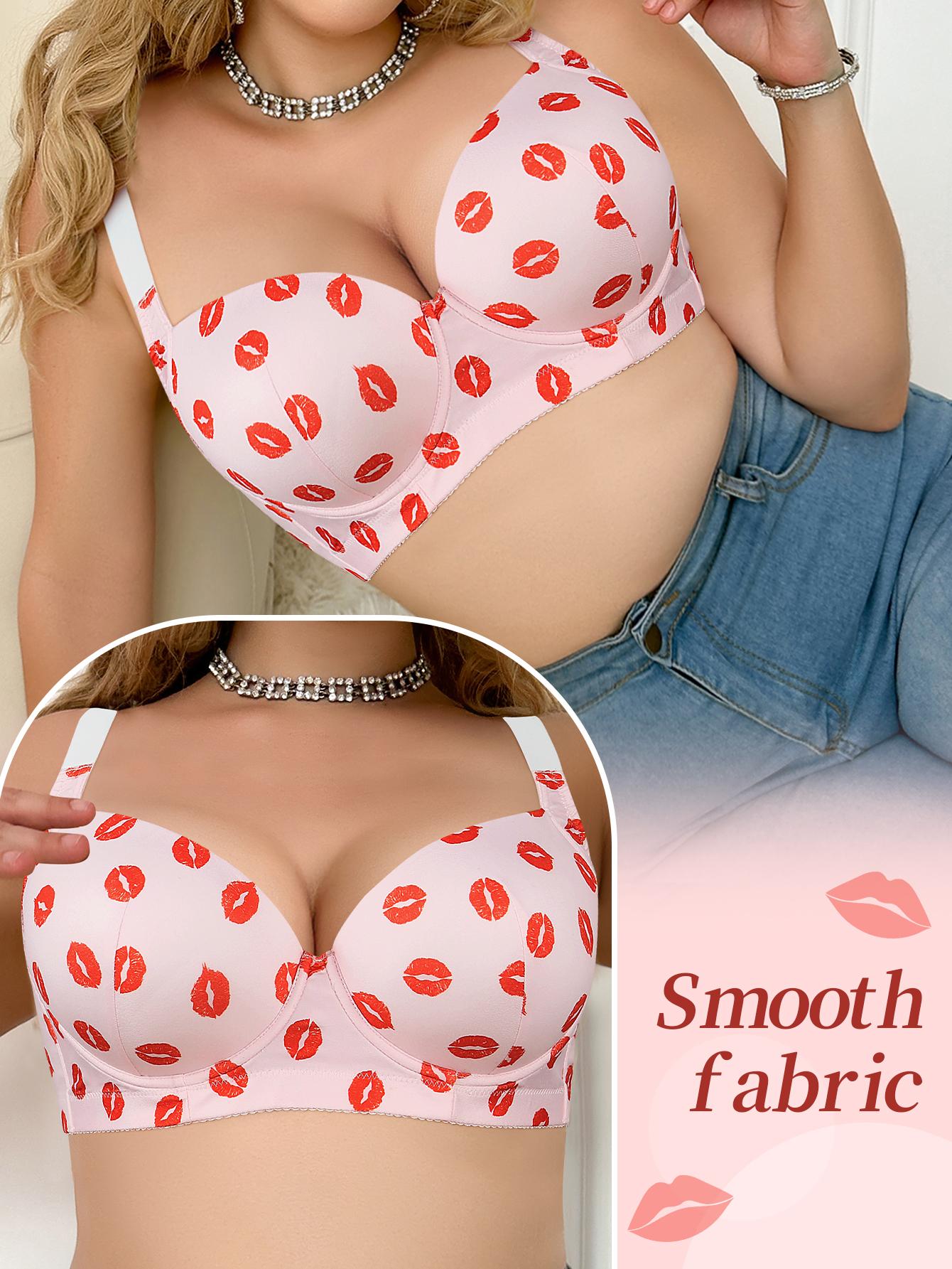 Mimilemon Valentine's Day Plus Size Push Up bra Cute Polyester Kiss Print Comfortable Stylish Womenswear Everyday Bra comfortable tiktokshopblackfriday pushup  bea Underwire Unlined Fit Pink