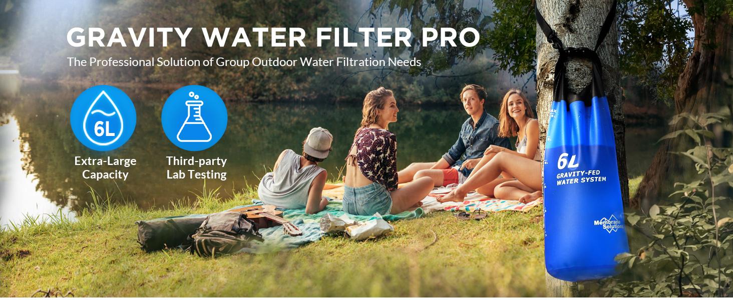 Membrane Solutions 6L Gravity Water Filter 0.1-Micron Versatile Water Purifier Camping with Adjustable Tree Strap Storage Bag