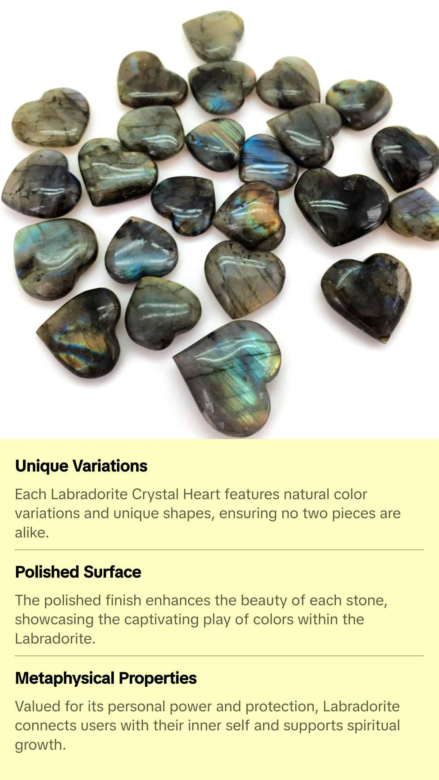 New Moon Beginnings Labradorite Crystal Heart - Natural Color Variations with Unique Shapes and Patterns