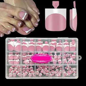 150pcs Press On Toenails French Tip Berry Pink Square False Toe Nails Soft Gel Full Cover Acrylic Toe Nail Extensions Thick DIY Stick On Toenails Kit 15 Sizes Reusable Press On Toe Nails