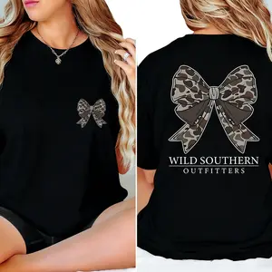 Vintage Camouflage Bow Hunting T-Shirt Southern Inspired Top Ideal for Everyday Casual Outfits Made In USA For Women [180G 100% cotton, lightweight and breathable, soft and comfortable]
