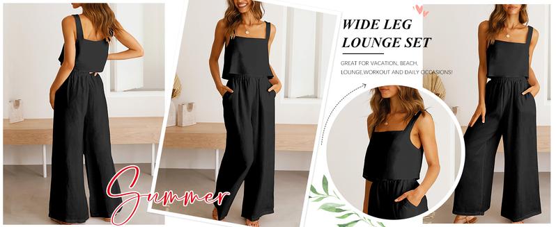 ANRABESS Women's 2 Piece Outfits Square Neck Linen Sleeveless Tank Crop Top Wide Leg Pants Matching Lounge Set Summer Tracksuit Casual Womenswear