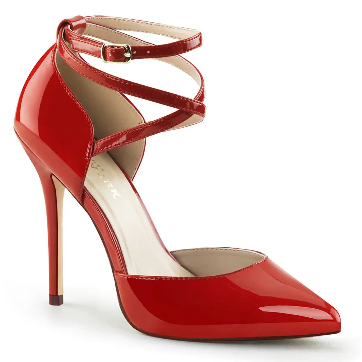 Women's Elegant Red D'Orsay Pumps, Stylish Pointed Toe Stiletto High Heels with a 5-Inch Heel, Hidden Platform and Ankle Strap for Evening Parties, Footwear, Party, 5" Heel