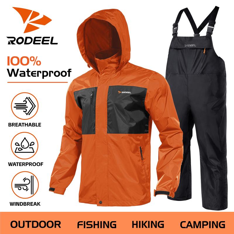 RODEEL Waterproof Bib Overalls Rain Suit Men Lightweight Breathable Full Zip Hooded Jacket Durable Rain Coat Weatherproof Rainwear Windbreaker For Outdoor Hiking Camping Fishing Construction Landscaping Gardening Workwear, Holiday Gift