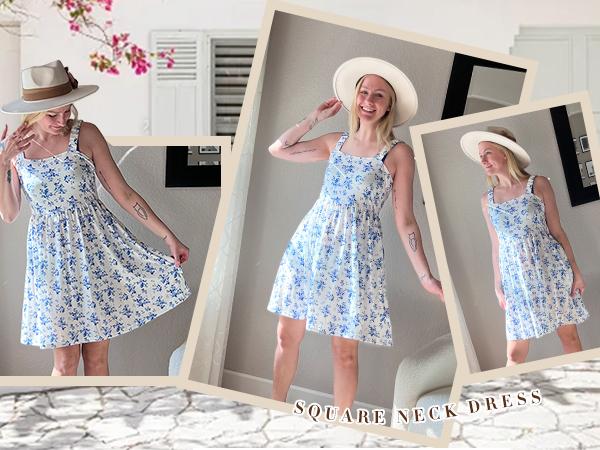 Women's Summer Dress Floral Square Neck Sleeveless Casual Dress with Pockets A-line Swing Mini Dresses Sundress