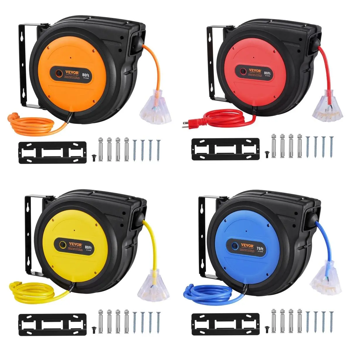 【Summerfinds】VEVOR Automatic Retractable Extension Cord Reel for Home Lighting - 80FT 12/14/16 AWG/3C SJTOW Heavy Duty Wire, Lighted Triple Tap Outlets, 10/13/15A Circuit Breaker, 180° Swivel Bracket for Ceilings, Power Safety