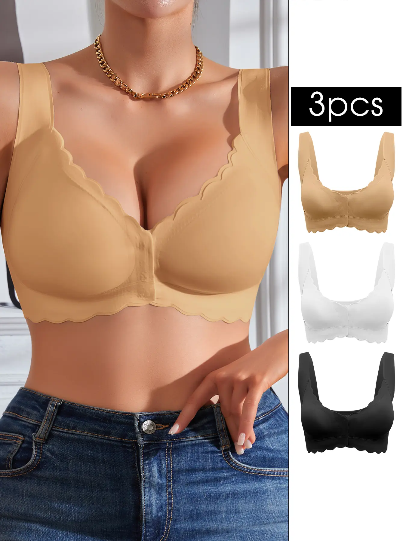 SHARICCA 3 Pack Wireless Seamless Bra, Scalloped V Neck Front Closure Wide Strap U Back Daily Bra