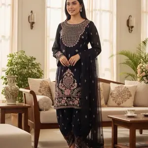 Elegant multicolor sequinse Embroidery  short kamiz with Patialla Salwear net dupatta sequinse all over work Womanwear in black