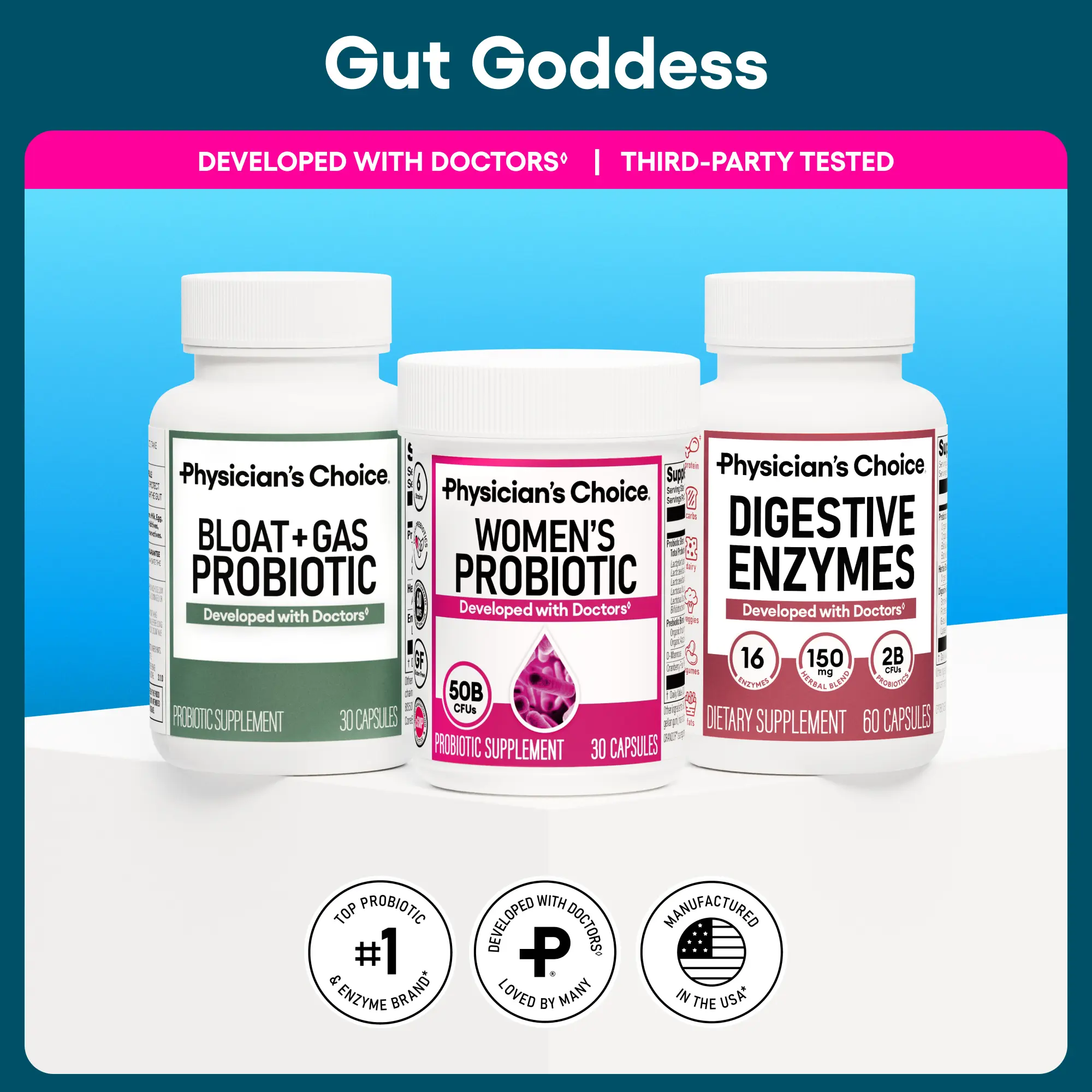 Physician's Choice Gut Goddess Bundle: Targeted Gut Health Support for Women with Women’s Probiotic + Digestive Enzymes + Bloat & Gas Probiotic
