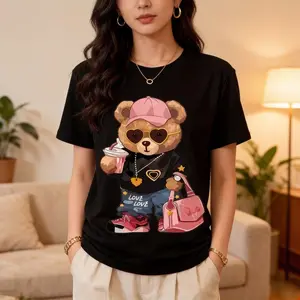 Ladies' Cute Teddy Bear Pattern T-shirt 100% Soft Cotton Round Neck Short Sleeve Top Casual Summer Spring Wear Fashionable Bear Design