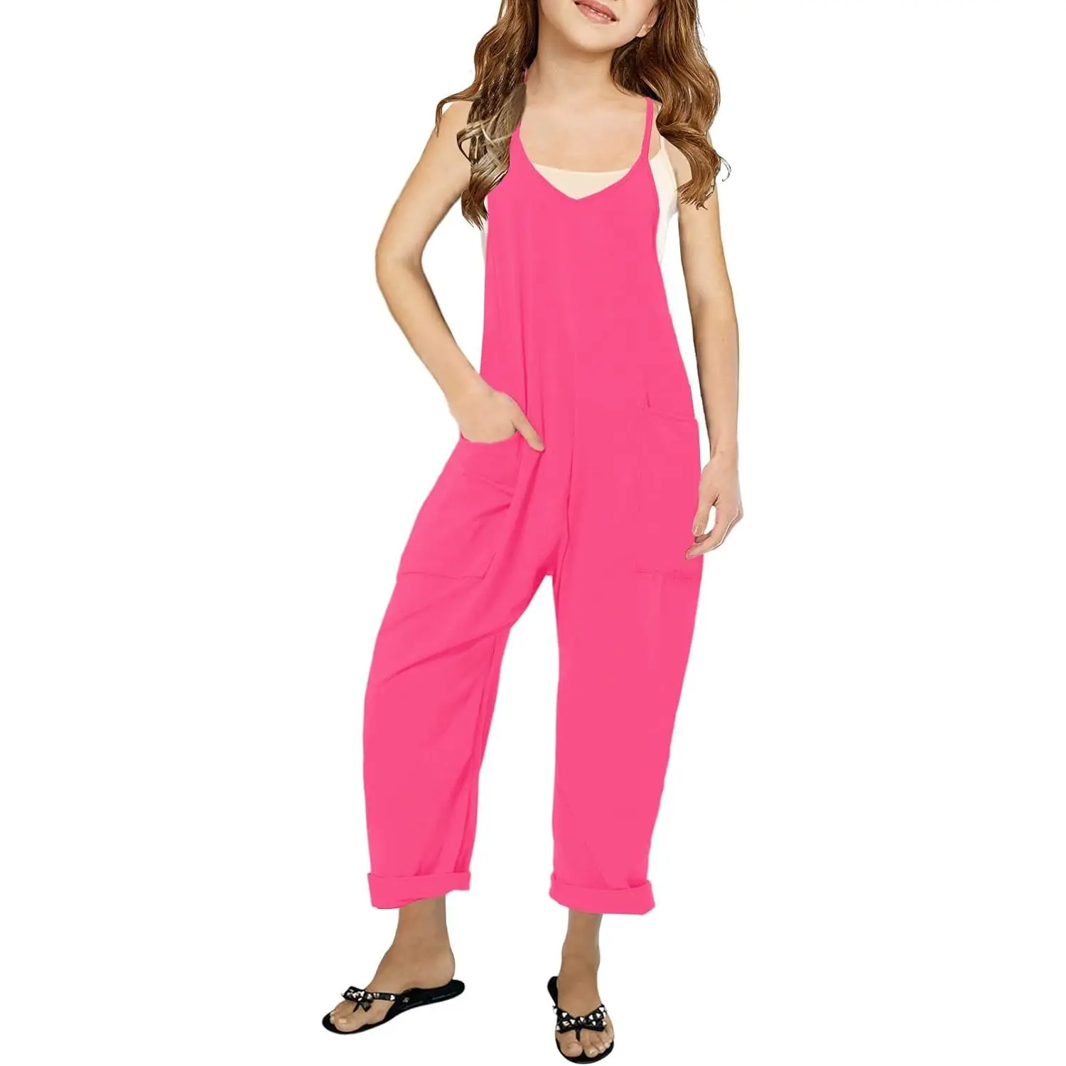 Girls' Casual Sleeveless Jumpsuits Spaghetti Strap Loose Romper Long Pants with Pockets,back to school