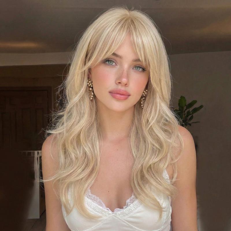 Golden Blonde Wig with Bangs Long Haired Wig for Women Curtain Bangs Synthetic Layered Cut Glueless Wig Wavy for Daily Party Use