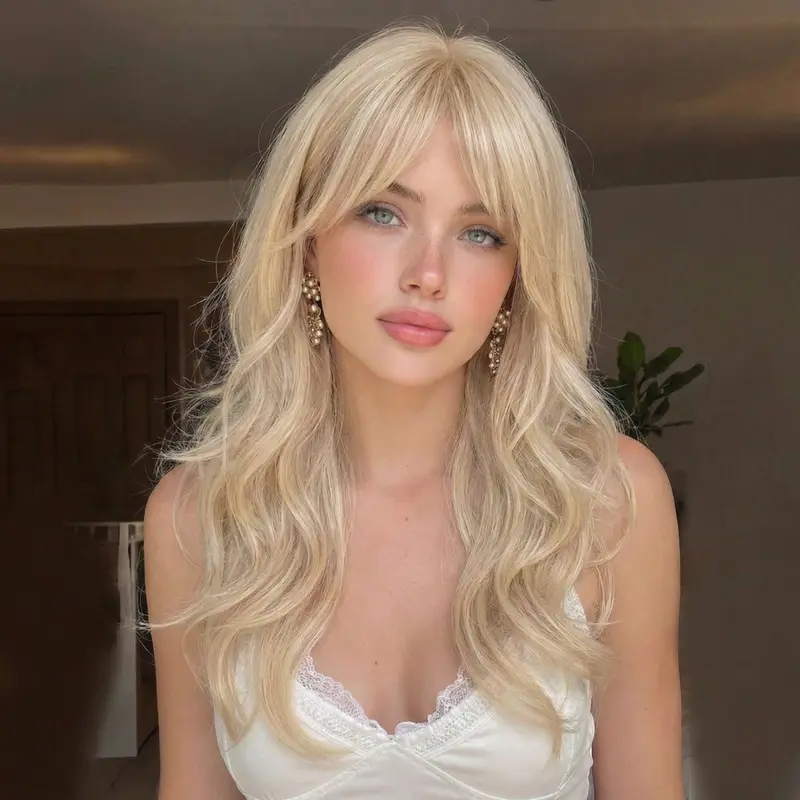 Golden Blonde Wig with Bangs Long Haired Wig for Women Curtain Bangs Synthetic Layered Cut Glueless Wig Wavy for Daily Party Use