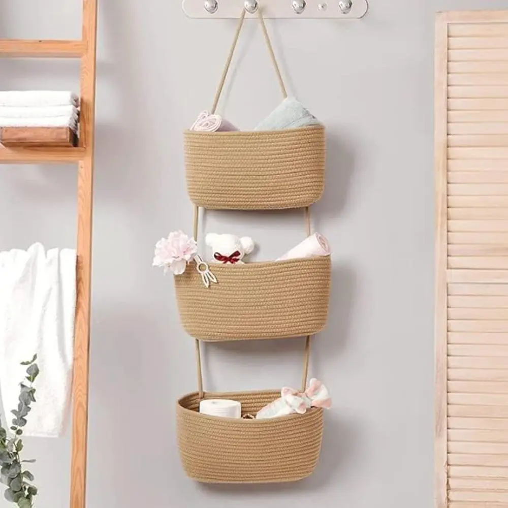 3-Tier Cotton Woven Over-the-Door Hangable Storage Bin Set - Decorative Boho Space Saver, Multifunctional Organizing Bins Baskets for Nursery, Small Spaces