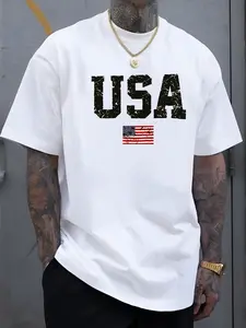 Men's USA Flag & U.S. Army-Inspired Casual T-Shirt - Distressed USA Lettering & Star-Spangled Design, All-Season Round Neck Short Sleeve Tee for 4th of July, Veterans Day & Casual Attire ( Patriotic Apparel)