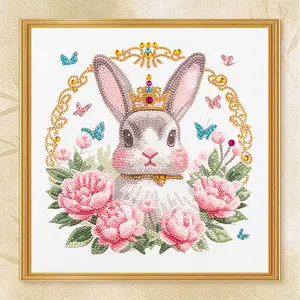 Cute Royal Rabbit Full Drill Diamond Painting Kit, DIY Rhinestone Art with Pink Peonies & Butterflies, Home Wall Decor Gift for Art Enthusiasts