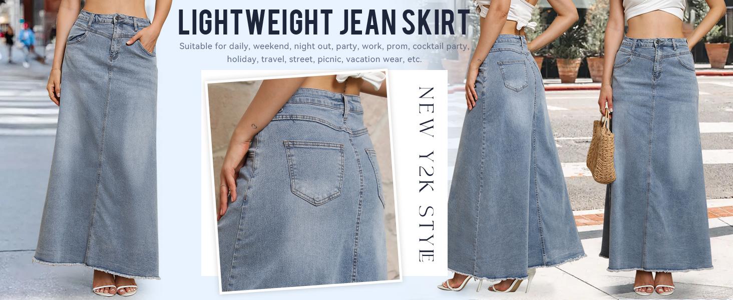 Chouyatou Women's Retro High-Waisted Denim Maxi Skirt A-Line Raw-Hem Denim Skirt with Pockets