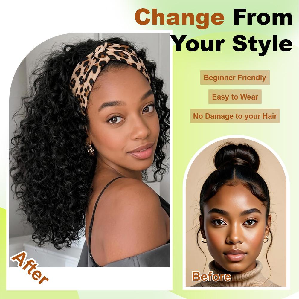 AuvzyHair 14inch HeadBand Wig Kinky Curly Wig For Women, Deep Wave Headband Wig Glueless Half Wigs Synthetic Hair Curly Headband Wig Ponytail Easy To Wear
