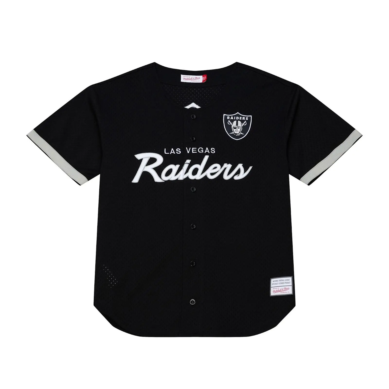 Mitchell & Ness Las Vegas Raiders Black Full-Button Baseball Jersey, Short Sleeve Tops, Regular Fit, Team Graphic Professional Sports Clothing
