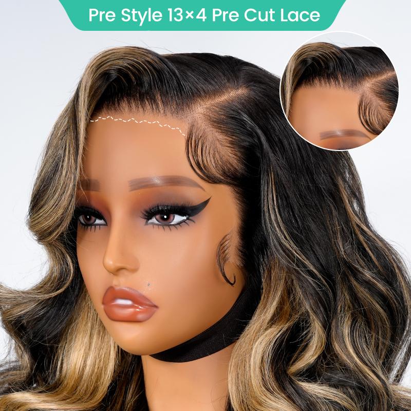Body Wave Highlight Color Pre-Styled 13×4 Ready to Go Lace Front Wig Glueless Loose Body Wave Wig Pre Bleached Pre Cut Lace
