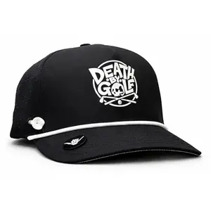 Brimz Supply Golf Performance Hat - Breathable Sweat & Water Resistant Golfing Snapback Cap with Tee Holder & Magnetic Brim - Double Sided Ball Marker & Tee Included (Death by Golf - Black)