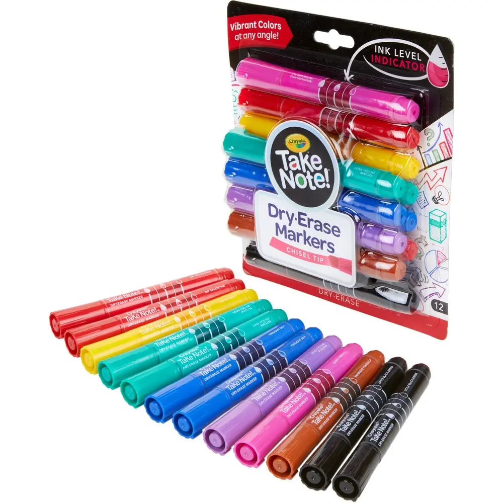 Crayola Take Note Chisel Tip Dry Erase Markers - 12-Pack Assorted Colors, Quick-Dry Formula, Visible Ink Level (Model CYO586545)