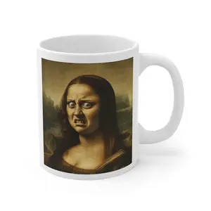 Funny Mona Lisa Grimace Face Coffee Mugs, Unique Scrunched Face Art Parody Ceramic Mugs, Hilarious Renaissance Masterpiece Gag Gift, Witty Morning Mood Office Coffee Cup, Sarcastic Art Lover Birthday Gift Idea.
