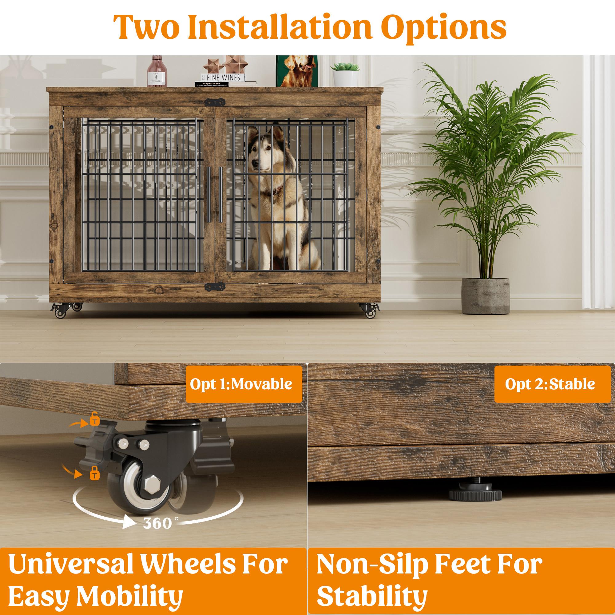 Aowos Wooden Dog Crate Furniture, Stylish Dogs Kennel for Small to Extra Large, Double Door & A Cushion & 360° Wheel, Single Door & 2 Bowels, 27''/32''/38''/44'', Metal, Chew-Proof Design, Dog Cage Aowos Wooden Dog Crate Furniture, Stylish Dogs Kennel for Small to Extra Large, Double Door & A Cushion & 360° Wheel, Single Door & 2 Bowels, 27''/32''/38''/44'', Metal, Chew-Proof Design, Dog Cage
