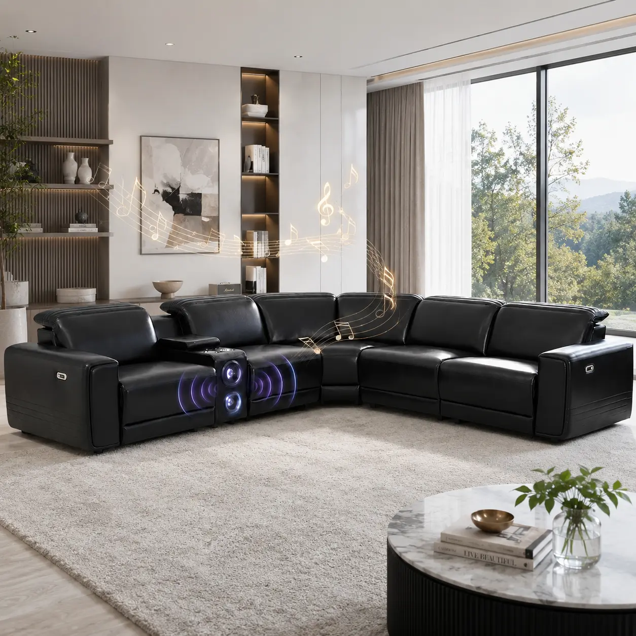 Power Reclining Sectional Sofa with Genuine Leather Seating Areas, Bluetooth Speakers, Storage Console and Cup Holders for Living Room, Black