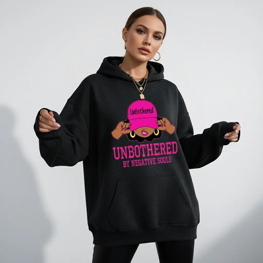 Women's Cotton Blend Fitted Long-Sleeve Black Pullover Hoodie - Unbothered Sassy Afro Queen Graphic, Soft Breathable Fabric, Durable Print, Everyday Comfort, Machine Washable Urban Streetwear Top, Hoodies For Women, Graphic Hoodie