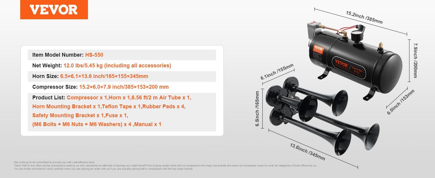VEVOR Train Horns Kit, TikTokShopBlackFriday, 4 Trumpet Air Horn Kit, 150dB Train Horns for Pickup Trucks, 12V 120 psi Air Compressor 0.8 Gal/3 L Tank with Gauge for Any 12V Vehicle Car Truck Train Van Boat Power Sound Accessory VEVOR Super Brand Day