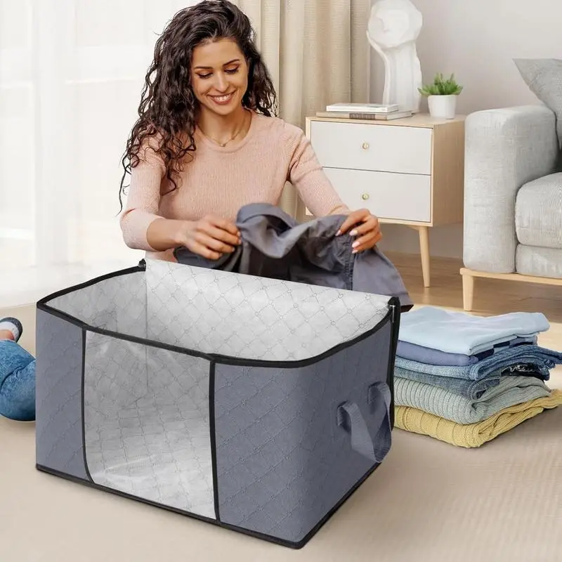 6-Pack Gray Thick Soft Waterproof Fabric Zippered Quilt Storage Bags - Foldable Home Organisers with Handles, for Protecting Drapes, Bedroom Closet Clothing/Comforters and College Dorm Items, Protect