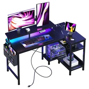 40in Reversible L-Shaped Gaming Desk with LED Lights, USB/Type-C Charging & Power Outlets, Computer Corner Desk with Storage Shelves & Monitor Stand for Office & Gaming Room