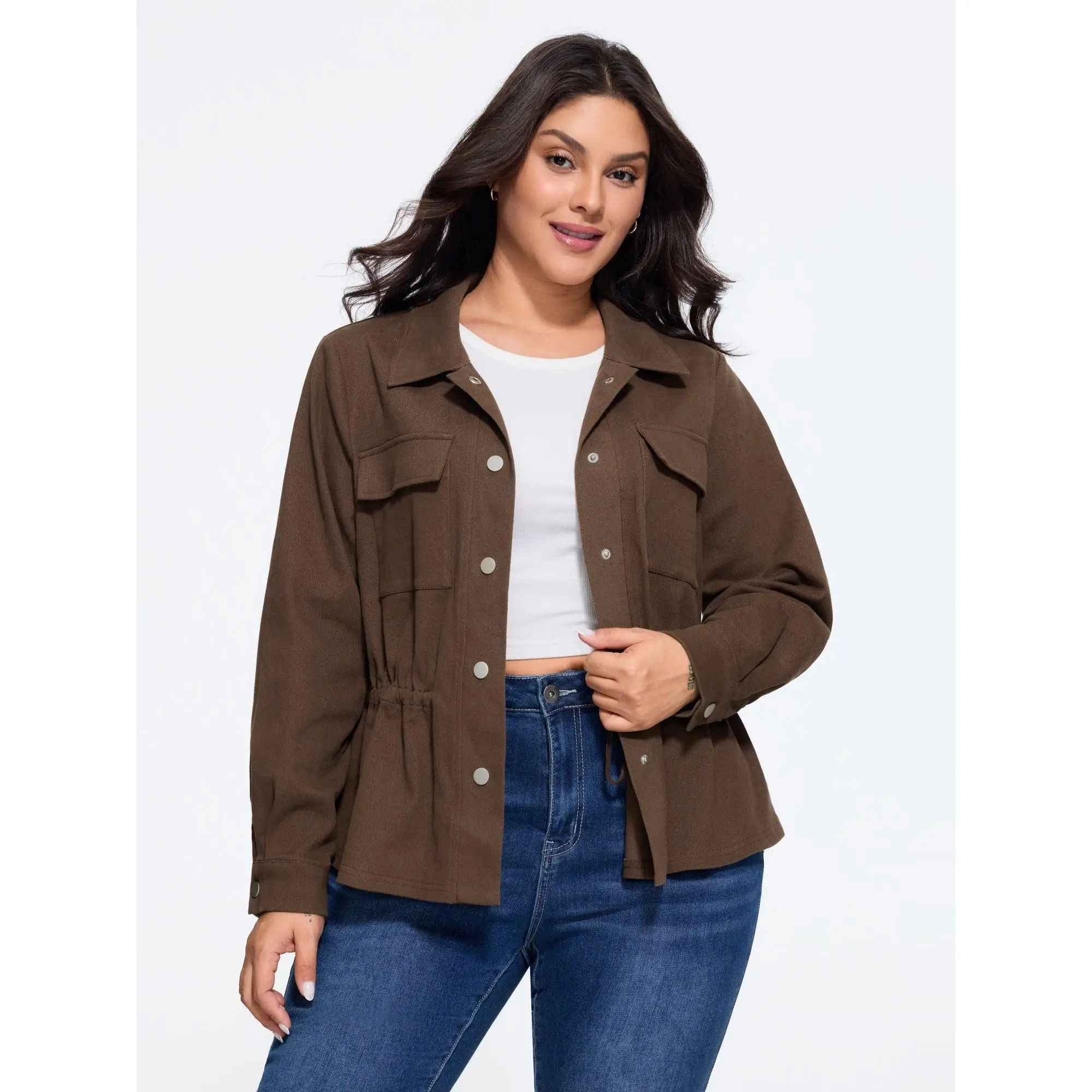 BloomChic Cotton Lapel Collar Snap Button Waist Defining Jacket 【M-6XL】