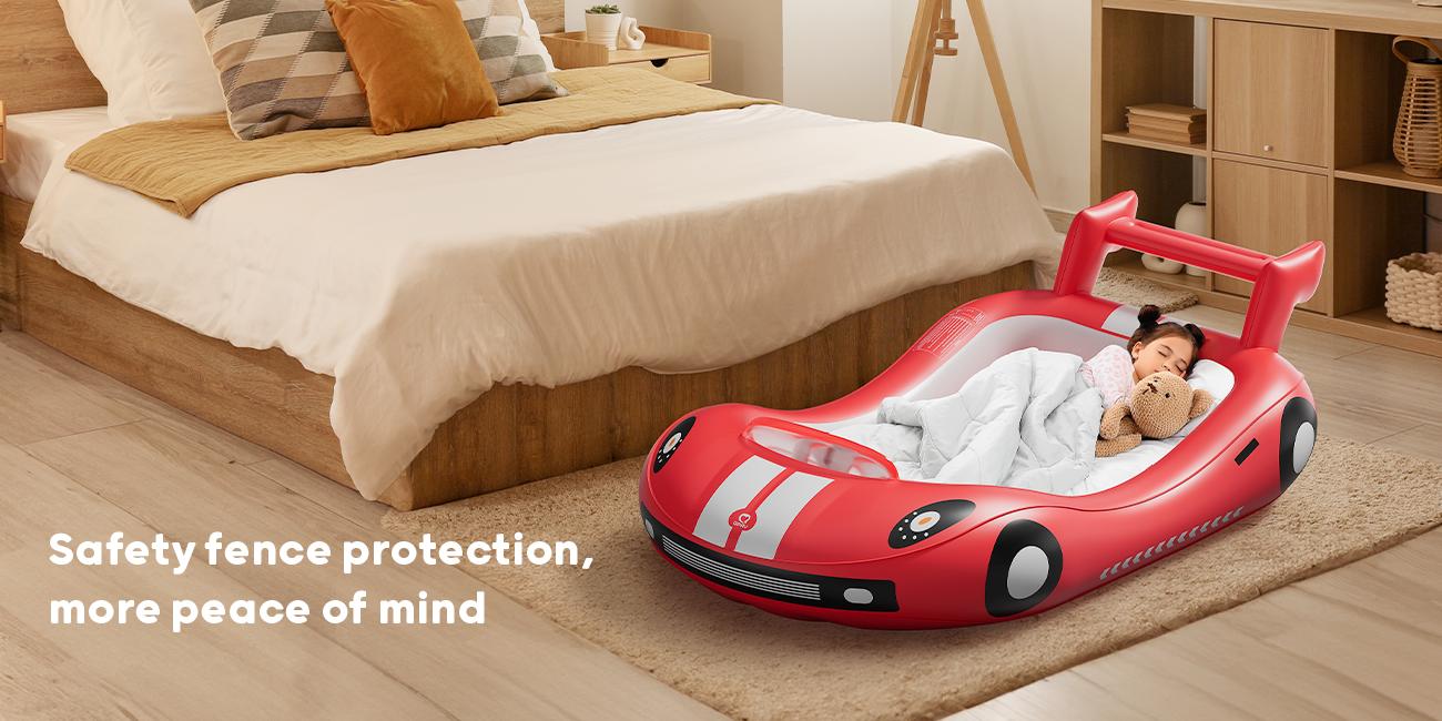 QPAU Inflatable Kids Travel Bed for Camping: Toddler Airbed with Sides, Hand Pump Included, Portable Racing Car Design, Safe Materials for Traveling Hotel Home Use QPAU Inflatable Kids Travel Bed for Camping: Toddler Airbed with Sides, Hand Pump Included, Portable Racing Car Design, Safe Materials for Traveling Hotel Home Use