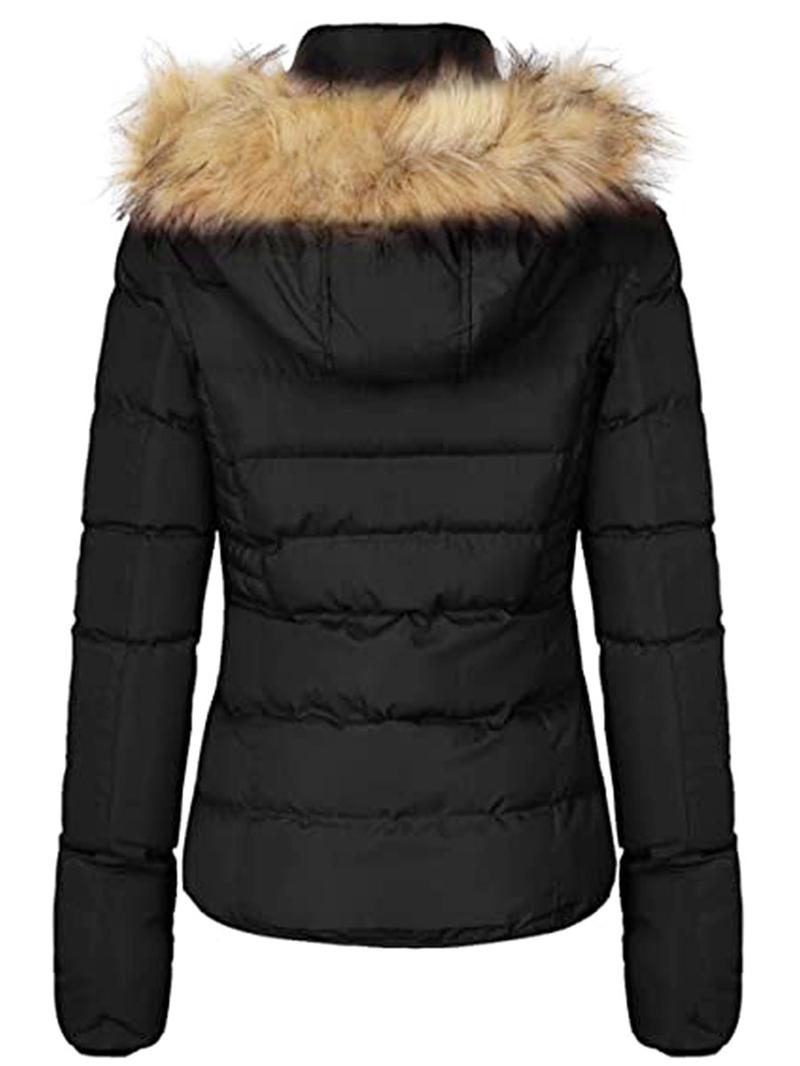 Women's Winter Quilted Puffer Coat Fleece Lined Warm Jacket with Removable Faux Fur Hood and Zipper Womenswear Comfortable