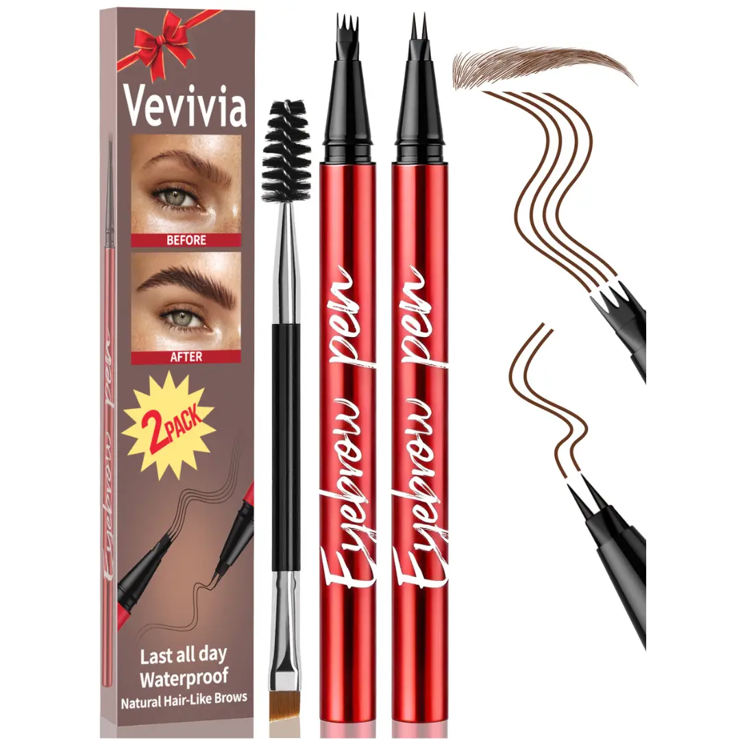 Vevivia Beauty 2-Pack Eyebrow Pens with Brush – Best Value Brow Set, 4-Tip & 2-Tip Waterproof, Natural Hair-Like Brows,sunscreen,#backtoschool