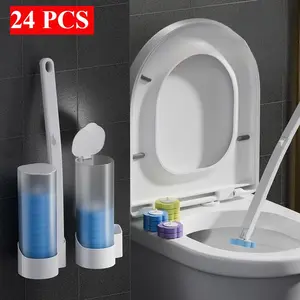 Disposable Toilet Brush, Toilet Bowl Wand Holder Set with 24PCS Cleaner Refills, Bathroom Cleaning System for Sink Bathtub Drain Wash Basin Urinal，Wall-Mount Scrubbing Toilet Brush Bathroom Cleaning Kit