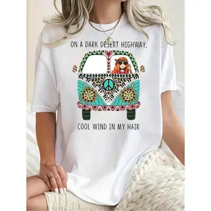 Colorful Bohemian Graphic Tee For Plus Size Women Featuring Hippie Bus And Desert Design With Dark Desert Highway Quote