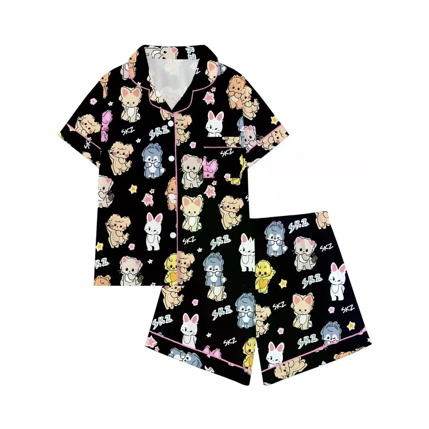 Women's Adorable Korean Idol Cartoon Pajama Set, Short Sleeve Open Front Two-Piece Lounge Set, Role Play Sleepwear, Fan Gift