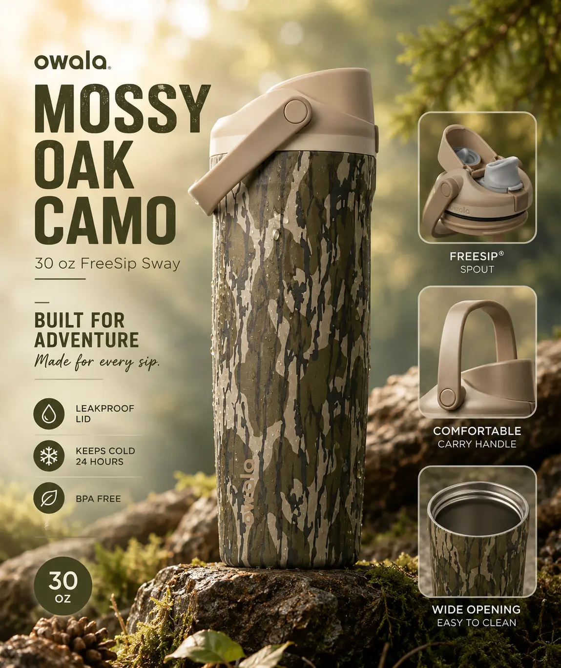 Owala FreeSip Sway 30oz Camo Water Bottle, Mossy Oak Insulated Stainless Steel Bottle with Straw, Leak-Proof BPA-Free 24H Cold for Hunting Camping Hiking Travel