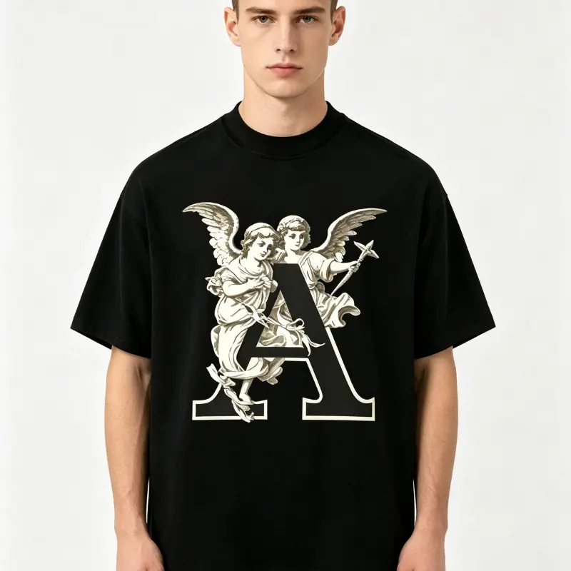 Vintage Cherub Angel Letter A Print Graphic T Shirt Sculpture Art Inspired Casual Streetwear Top Modern Tee Artistic Illustration