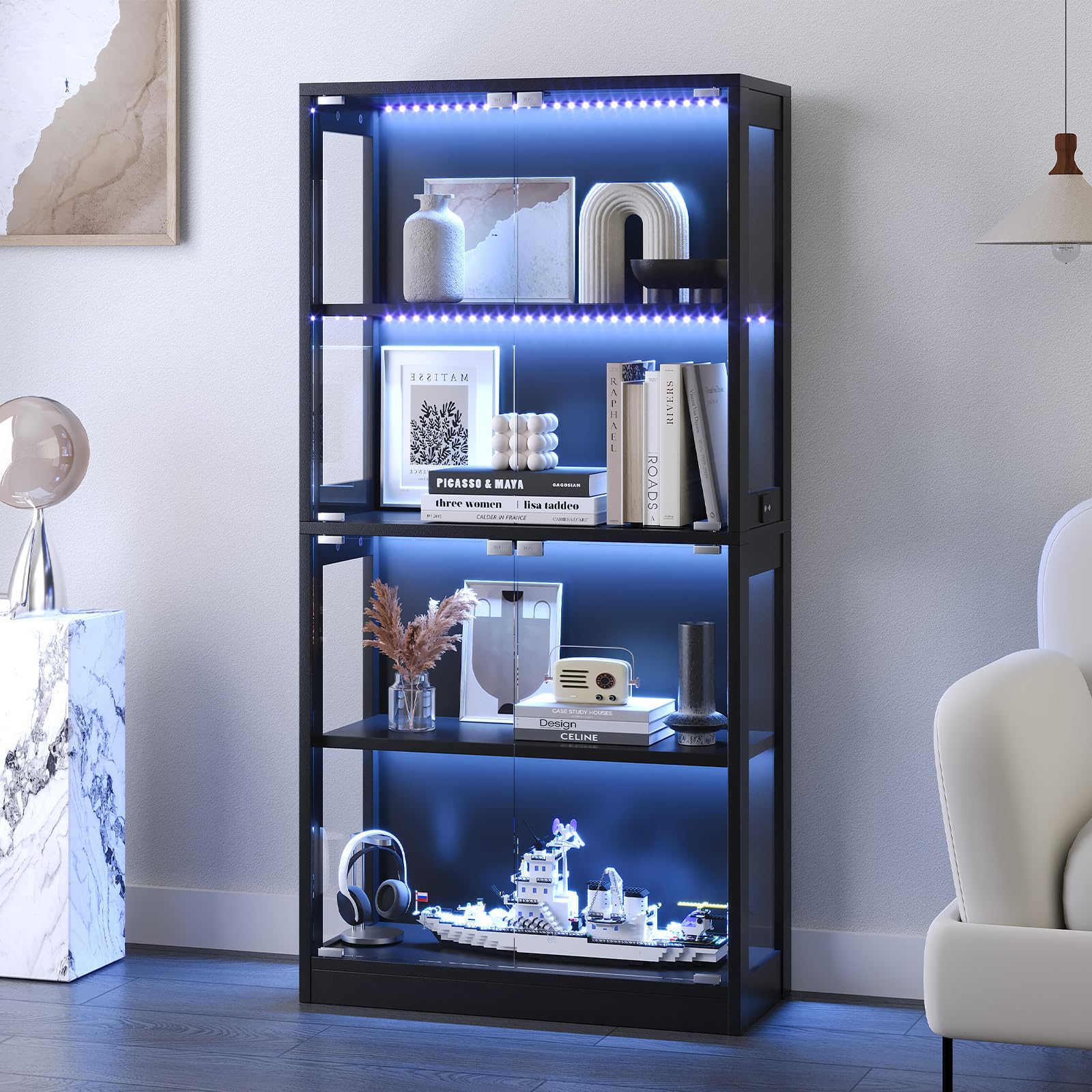 Valentine's Day gifts Display Cabinet with Glass Doors 4-Tier, 7 Vibrant Colors 3 Dynamic Lighting Modes, HD Glass Storage Cabinet with Human Body Sensor for Curio, Trophy, Collectibles