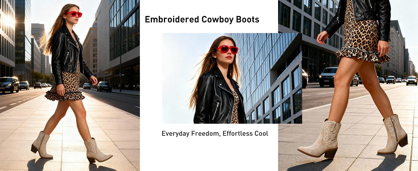 Cowboy Cowgirl Ankle Boots for Women Western Boots with Pointed Toe, Side Zipper and Chunky Heel Design