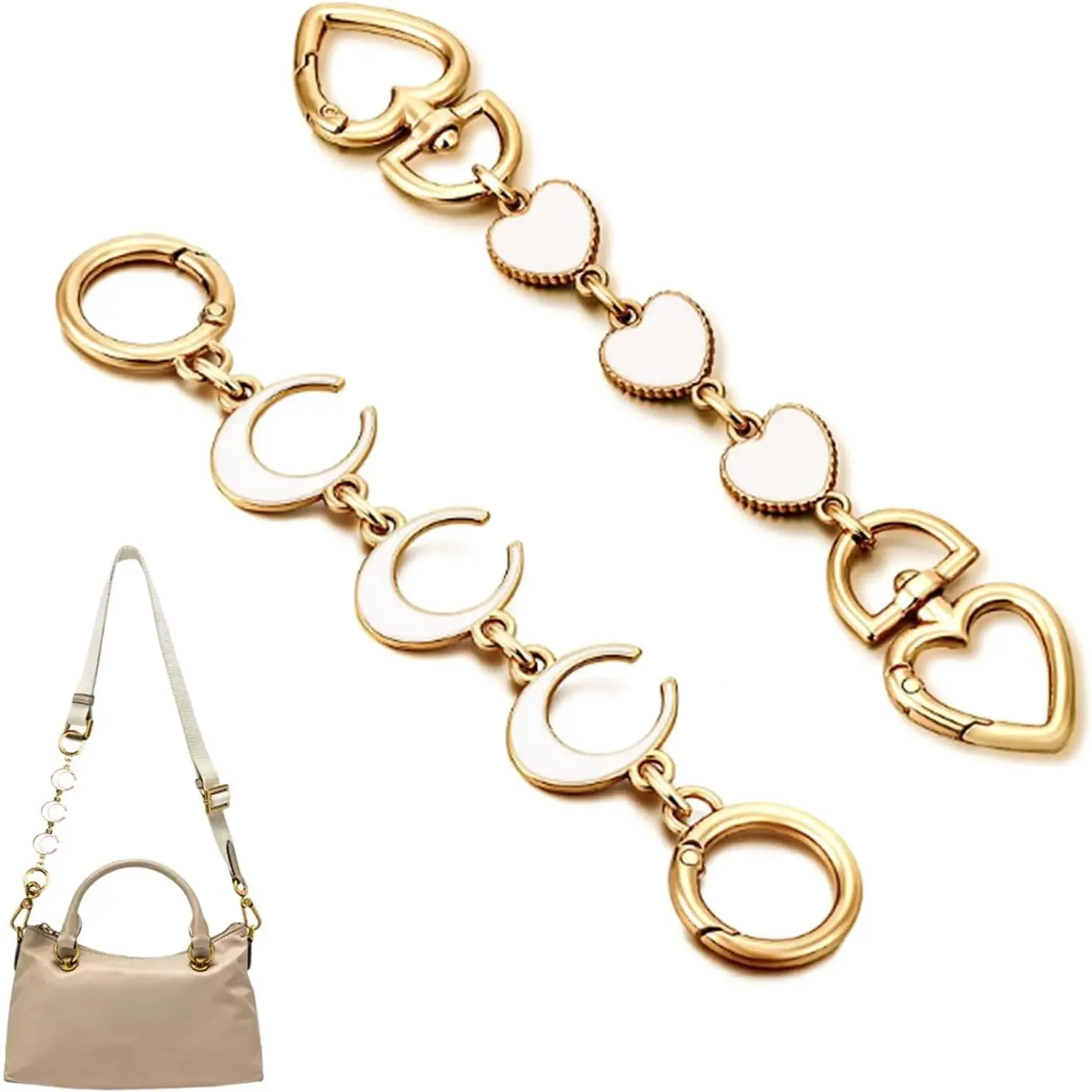 2 count Purse Strap Extenders Chain,Cute Stylish Moon and Heart Shaped Wallet  Chain Purse Strap Extender,Exquisite Bag Replacement Bag Charms for Handbags Purses (White/Rose )