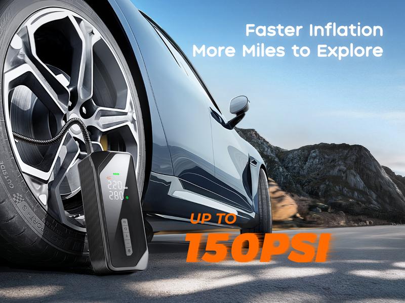 2026 Upgraded VOLLYC Cordless Tire Inflator Portable Wireless Air Compressor 150 PSI High-Pressure Air Pump with 4 Preset Modes for Cars and Inflatables,  Lightweight Automotive Vehicle Tool Car Repair Tools with Long Lasting Battery
